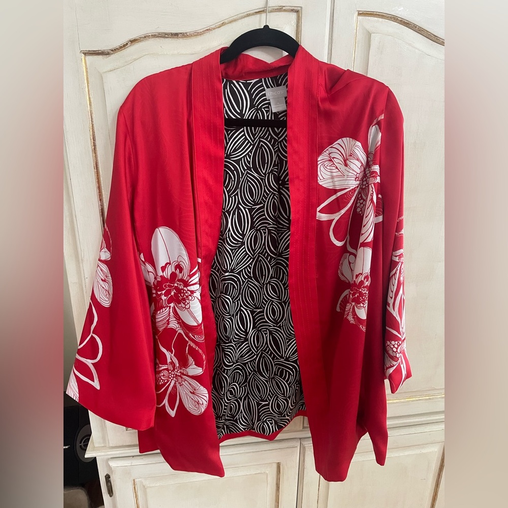Chico's Vibrant Red Jacket with Black and White Pattern